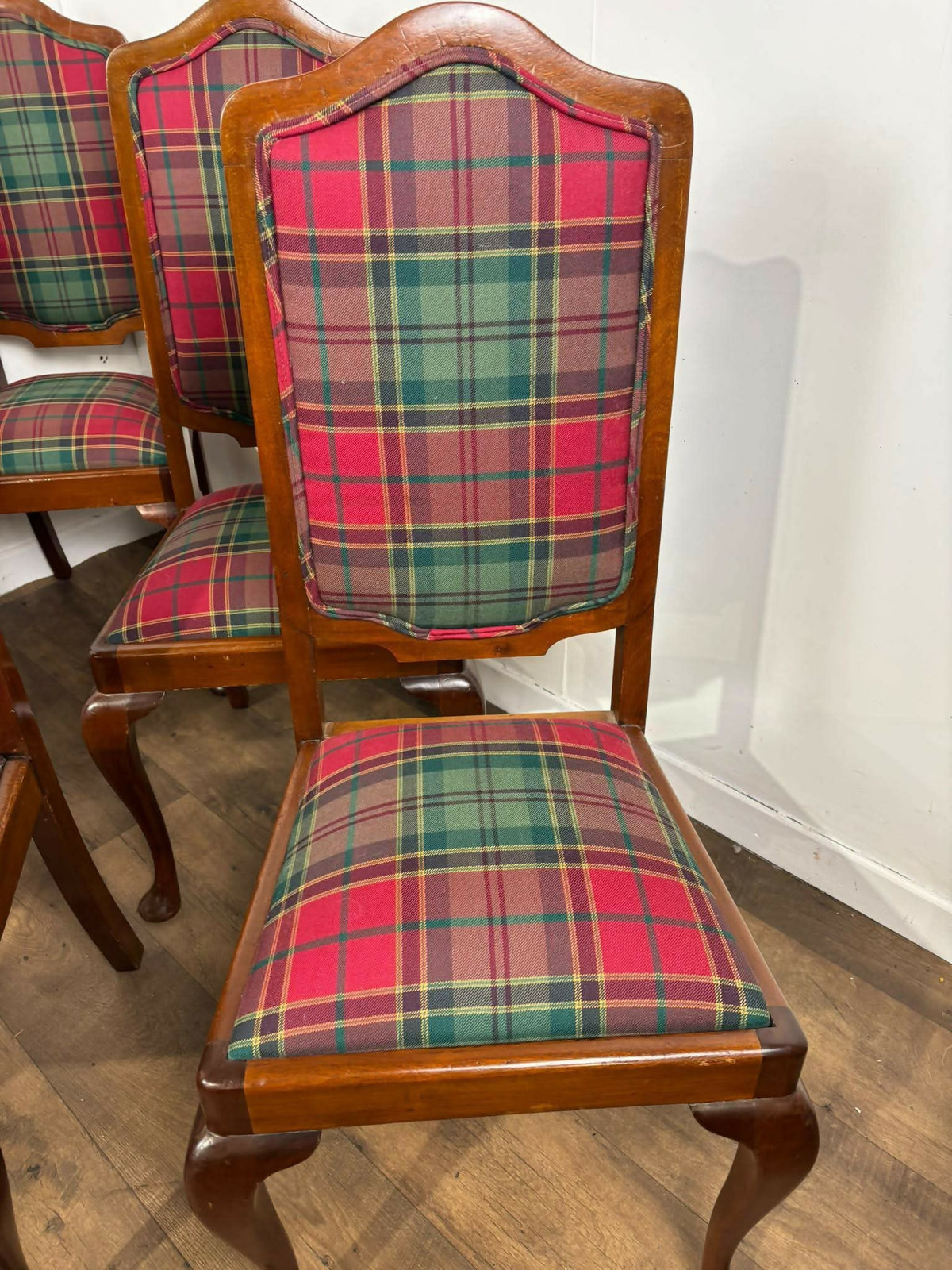 Set Of Six Antique Tartan Upholstered Dining Chairs