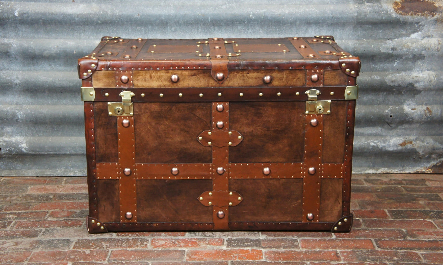 Vintage Inspired English Leather Steamer Trunk Interior Coffee Table End Table