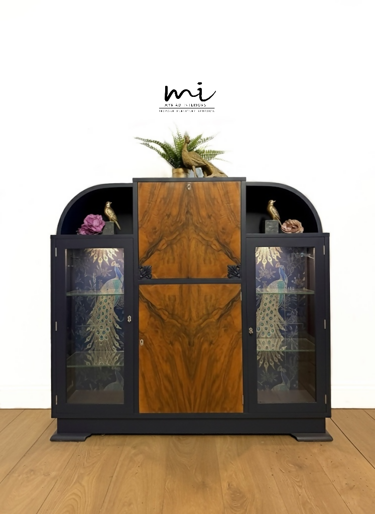 Art Deco refinished walnut cocktail cabinet, navy blue, champagne gold, vintage drinks cabinet, glass display cabinet, sideboard
