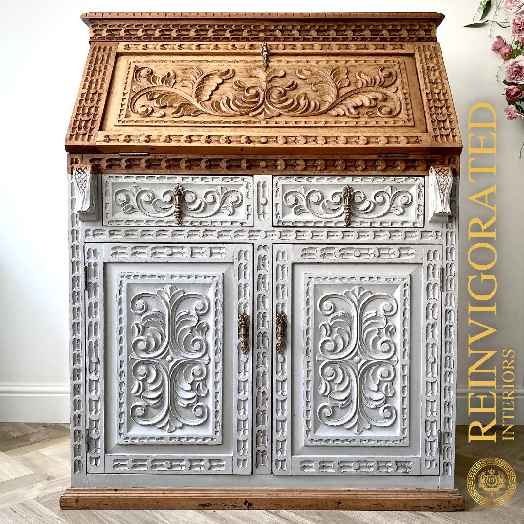 Antique Oak Carved Writing Desk Bureau Ornate
