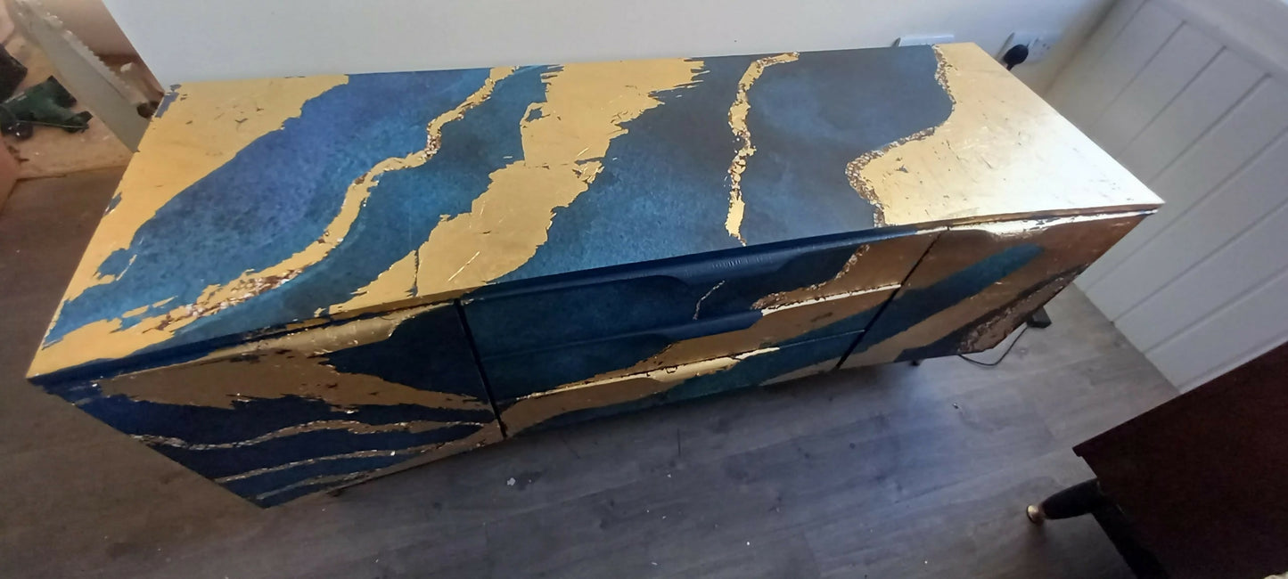 Upcycled Navy Sideboard with Gold Leaf: Mid-Century Modern Cabinet