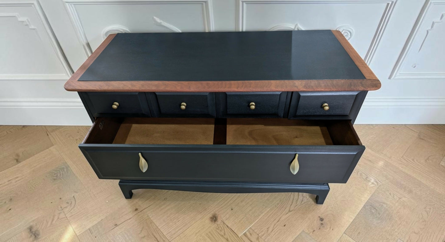 Stag Mid-Century Modern Black Chest of Drawers, Cherry Wood, Gold Leaf Knobs