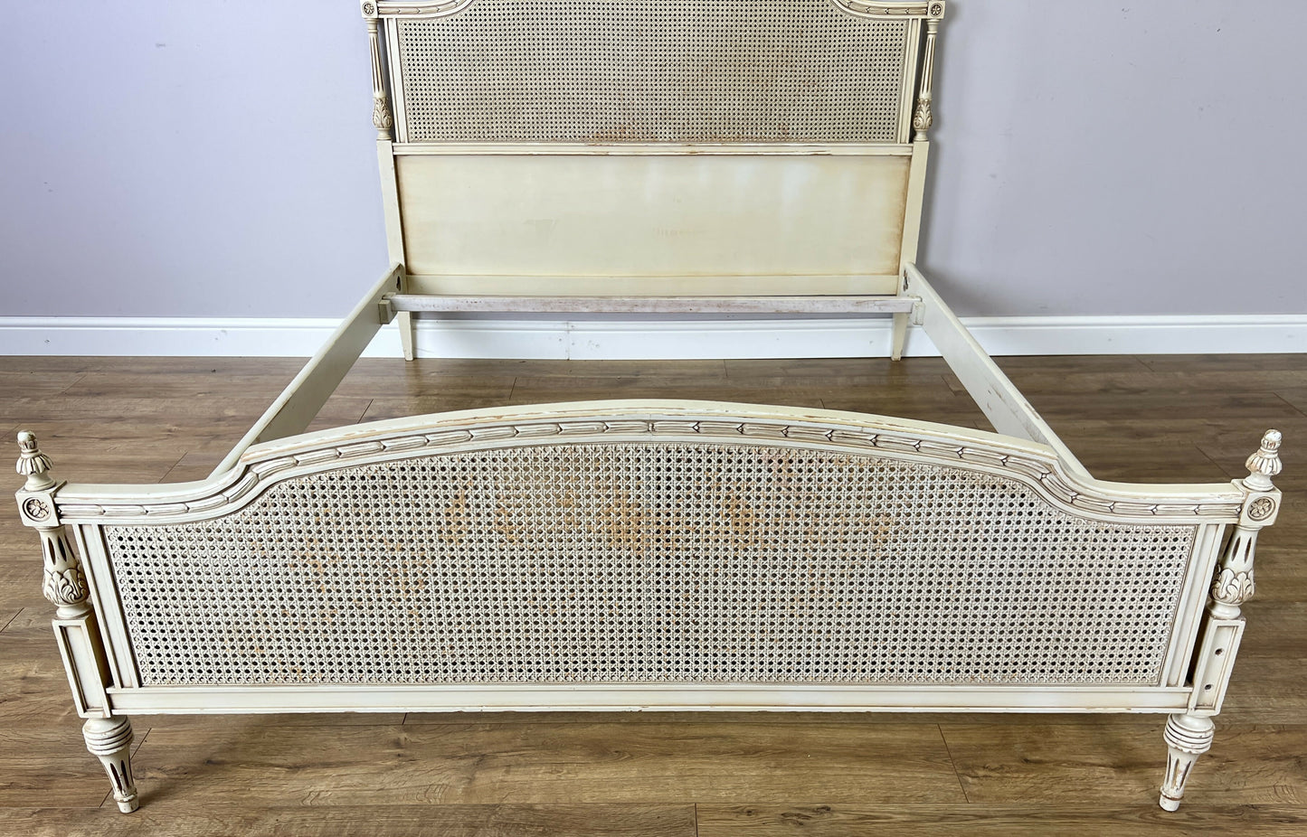 Bed Vintage French King Size Bed Frame Cane Panel Carved Headboard LOT 6410