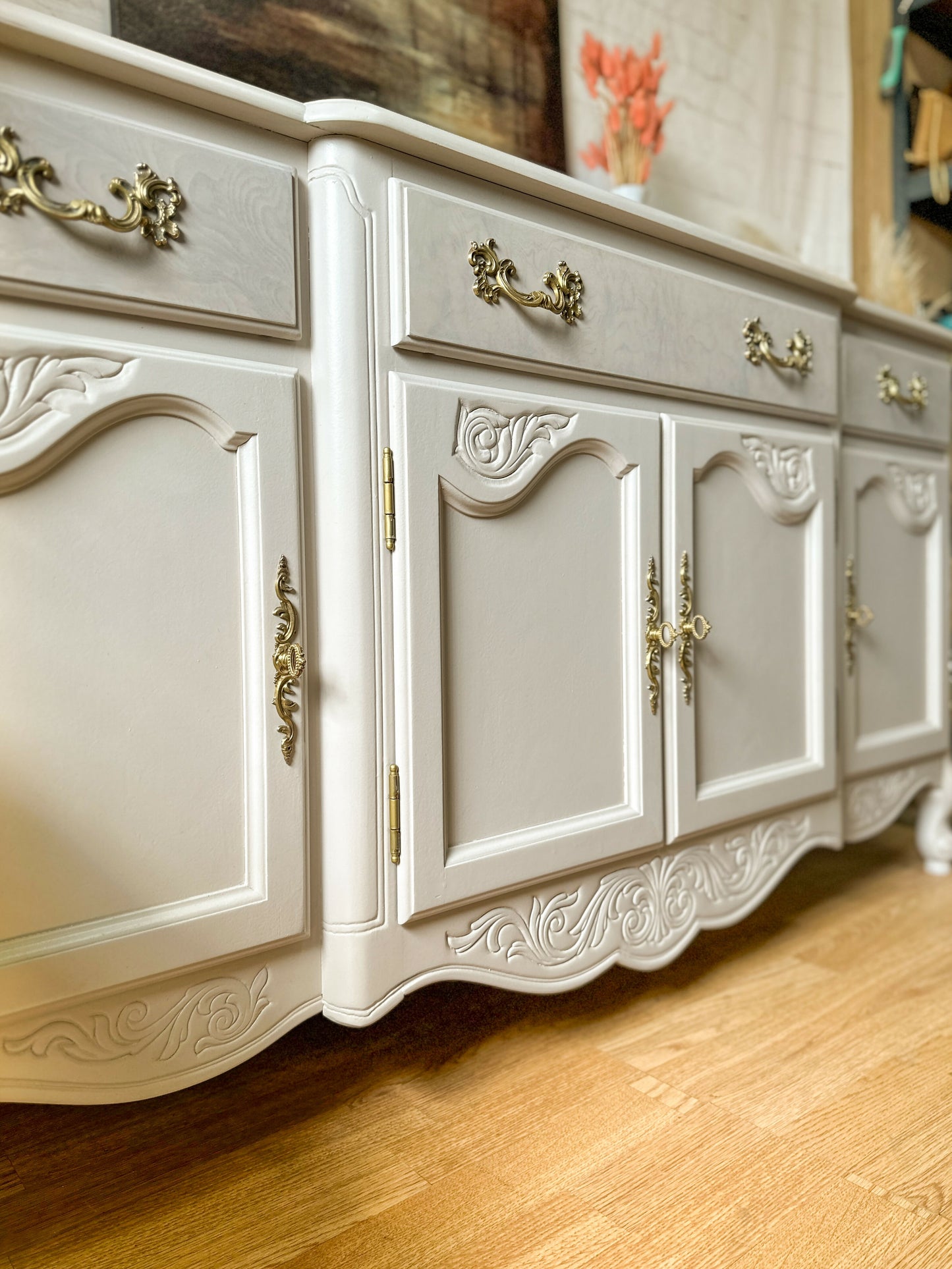 Vintage Queen Anne Sideboard Large, Carved Details, Neutral, Paint Wash - MADE TO ORDER