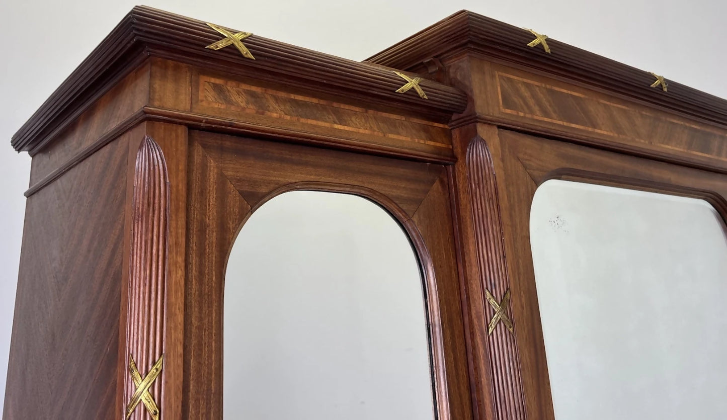 Wardrobe Antique French Style Three Door Inlaid Burr Mirrored Armoire LOT 6163