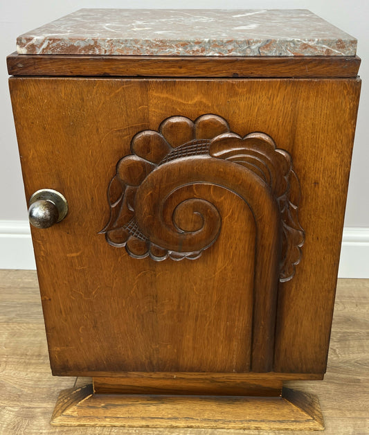 Bedside Table Antique French Art Deco Marble Top Oak Cabinet Nightstand LOT 6238