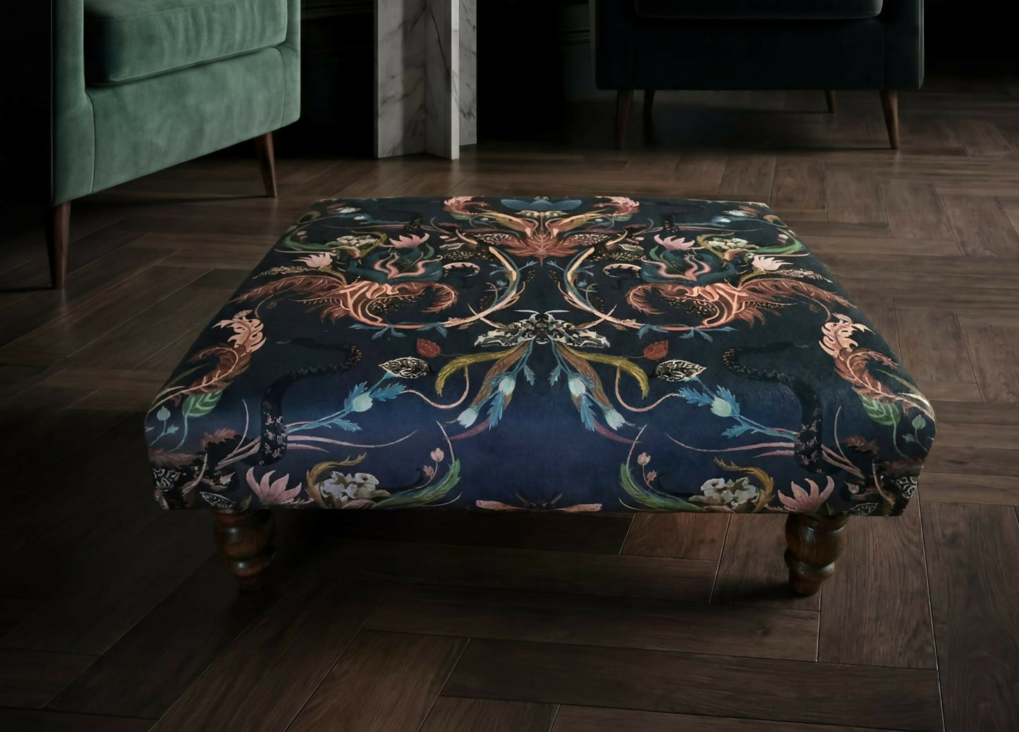 Luxurious handcrafted footstool in Becca Who "Serpentine " fabric
