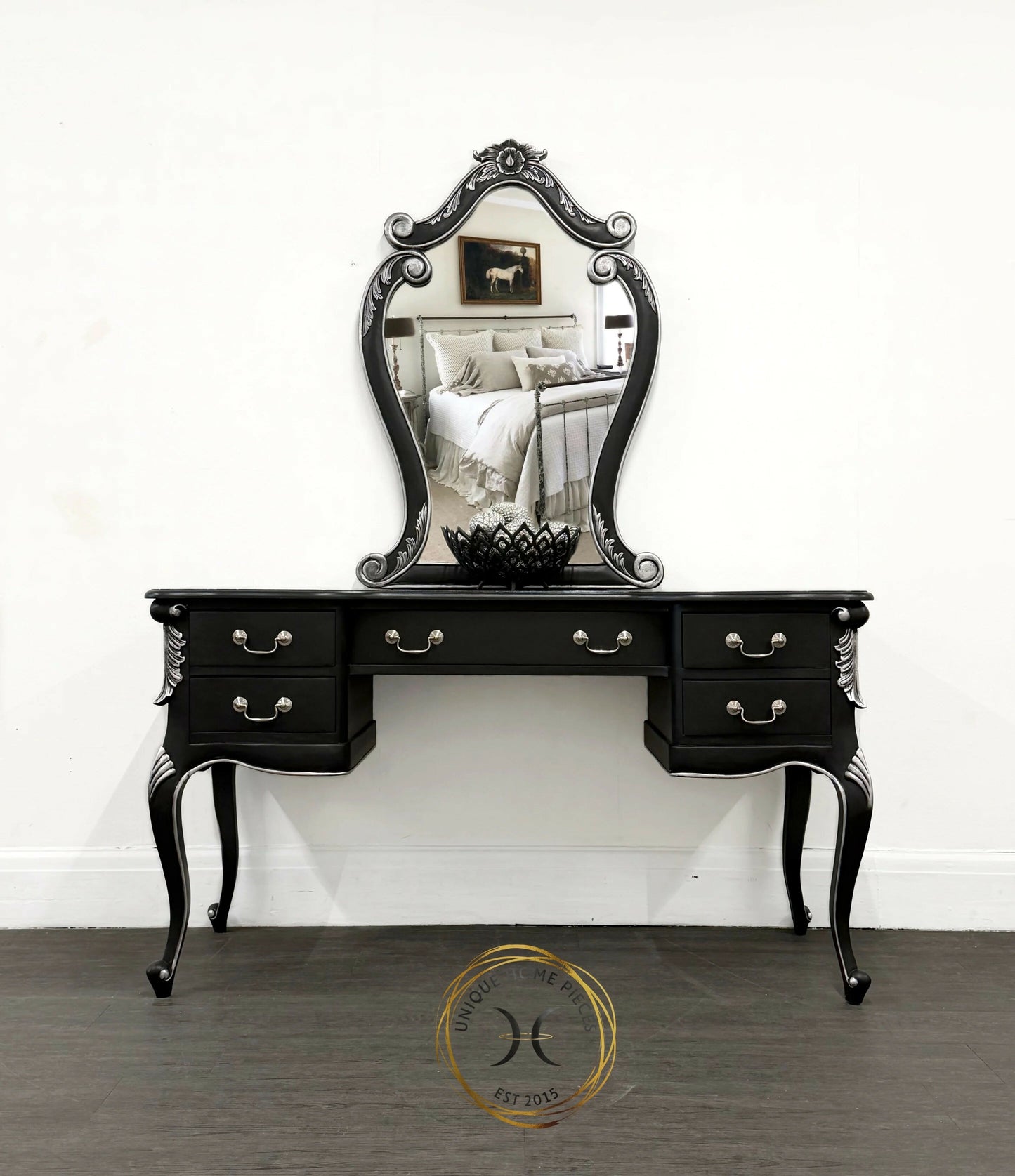Contemporary Black and Silver French Rococo Dressing Table With Mirror