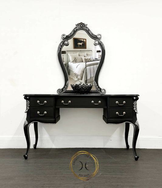 Contemporary Black and Silver French Rococo Dressing Table With Mirror