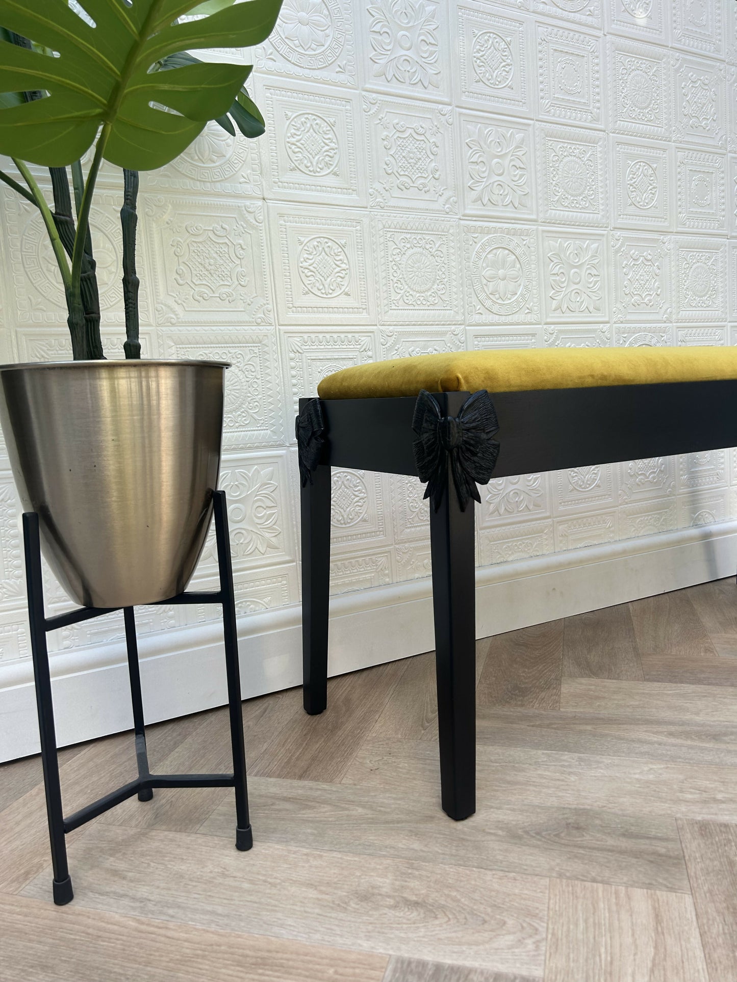 Mid-century Modern Bow Black Handpainted Upholstered Occasional Bench
