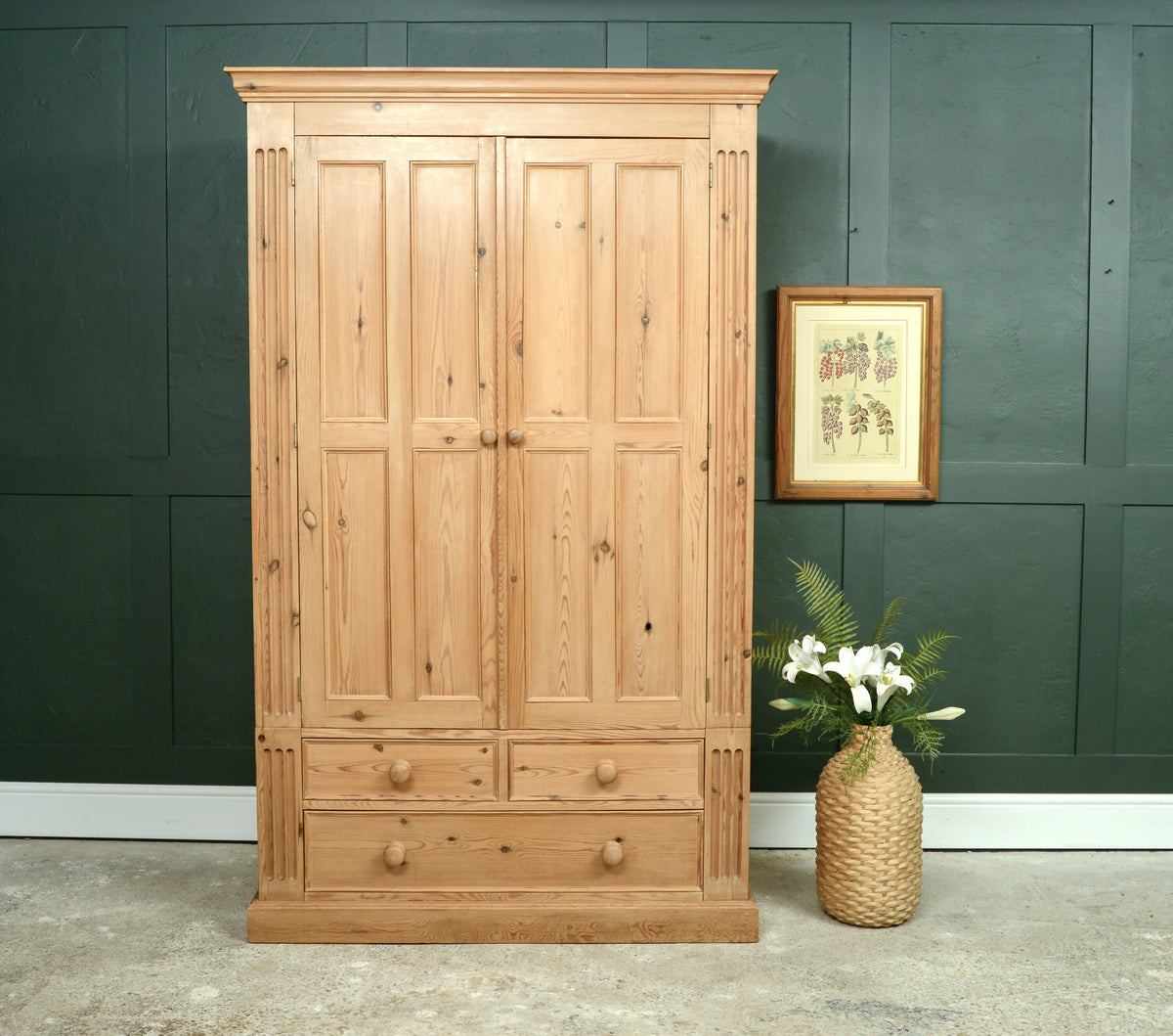 Victorian Style Pine Double Wardrobe with Drawers - Modern