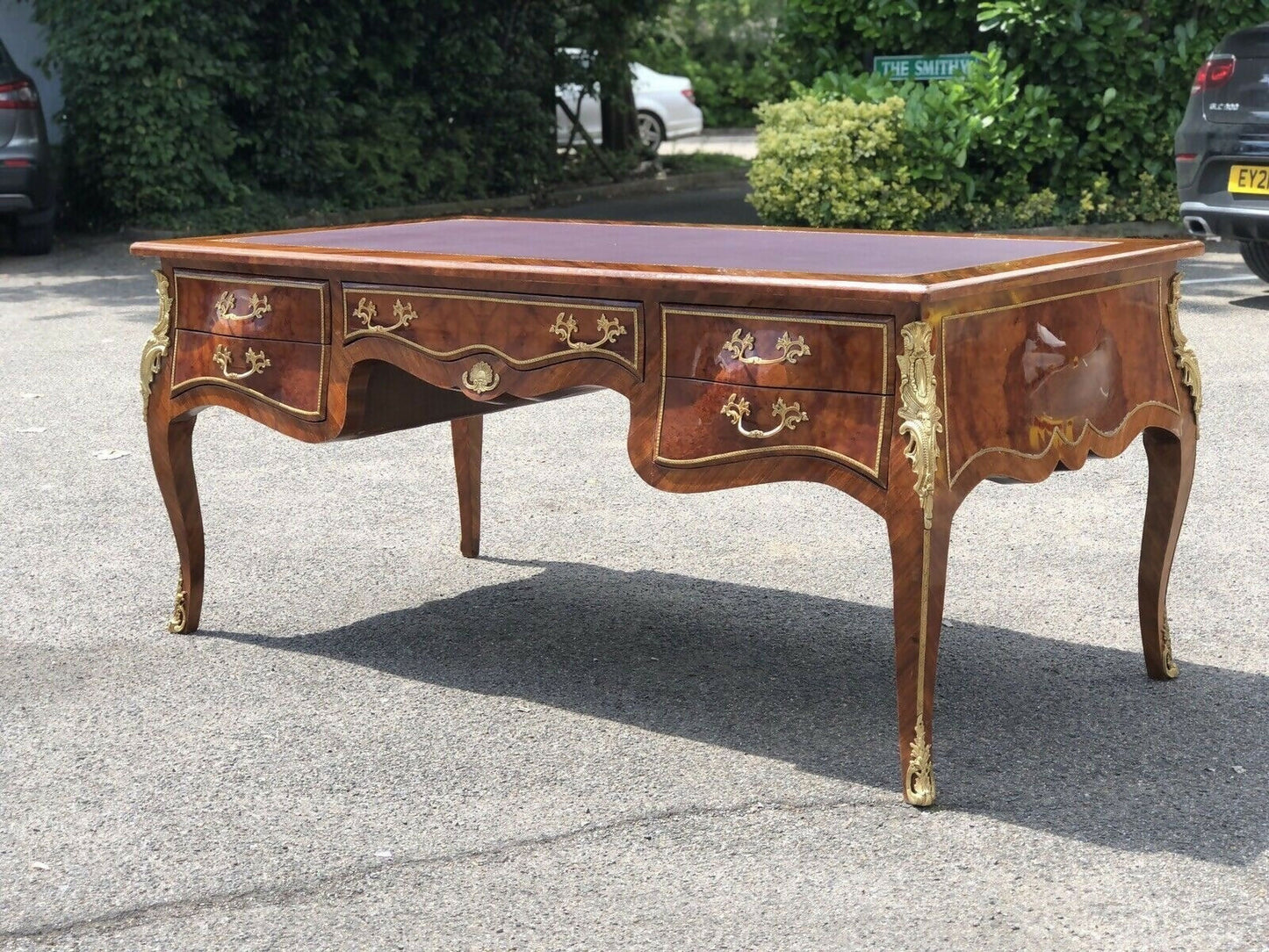 French Empire Style Large Inlaid Kingswood Desk With Brass Decoration