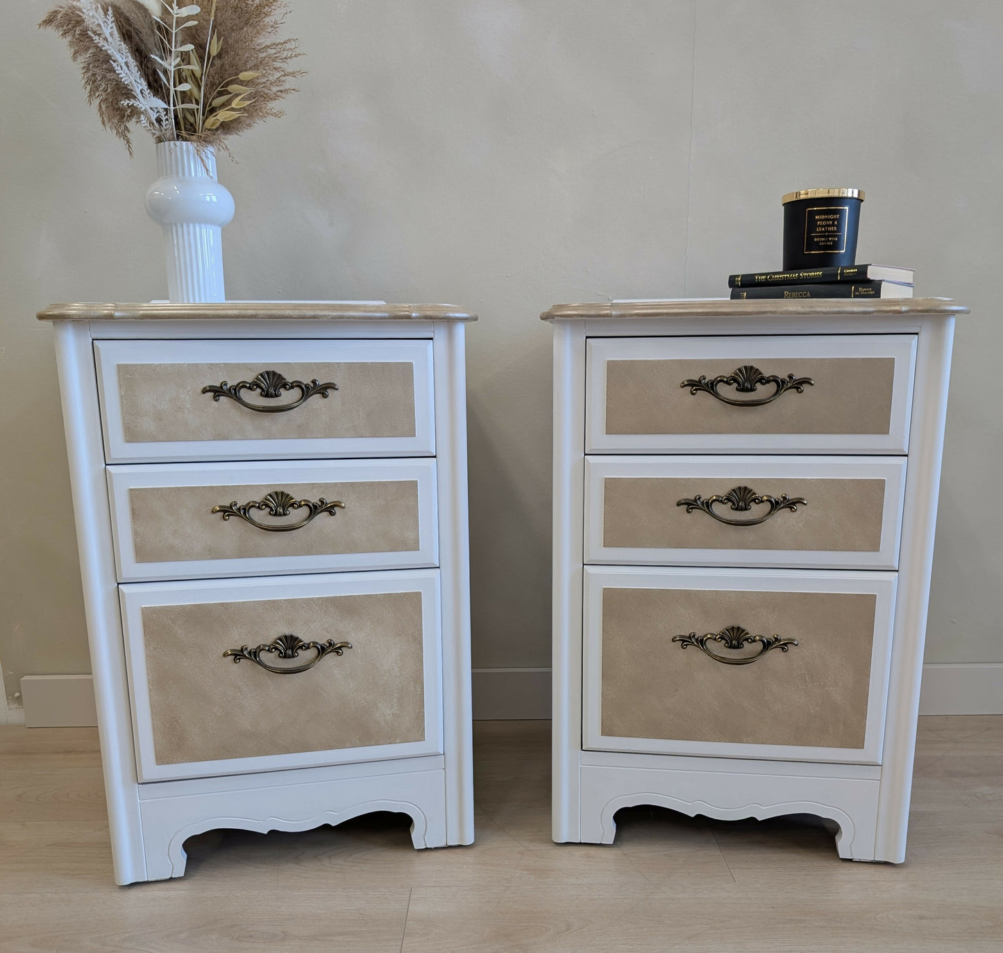 Pair of Vintage Bedside Cabinets in White with Metallic Champagne Detailing