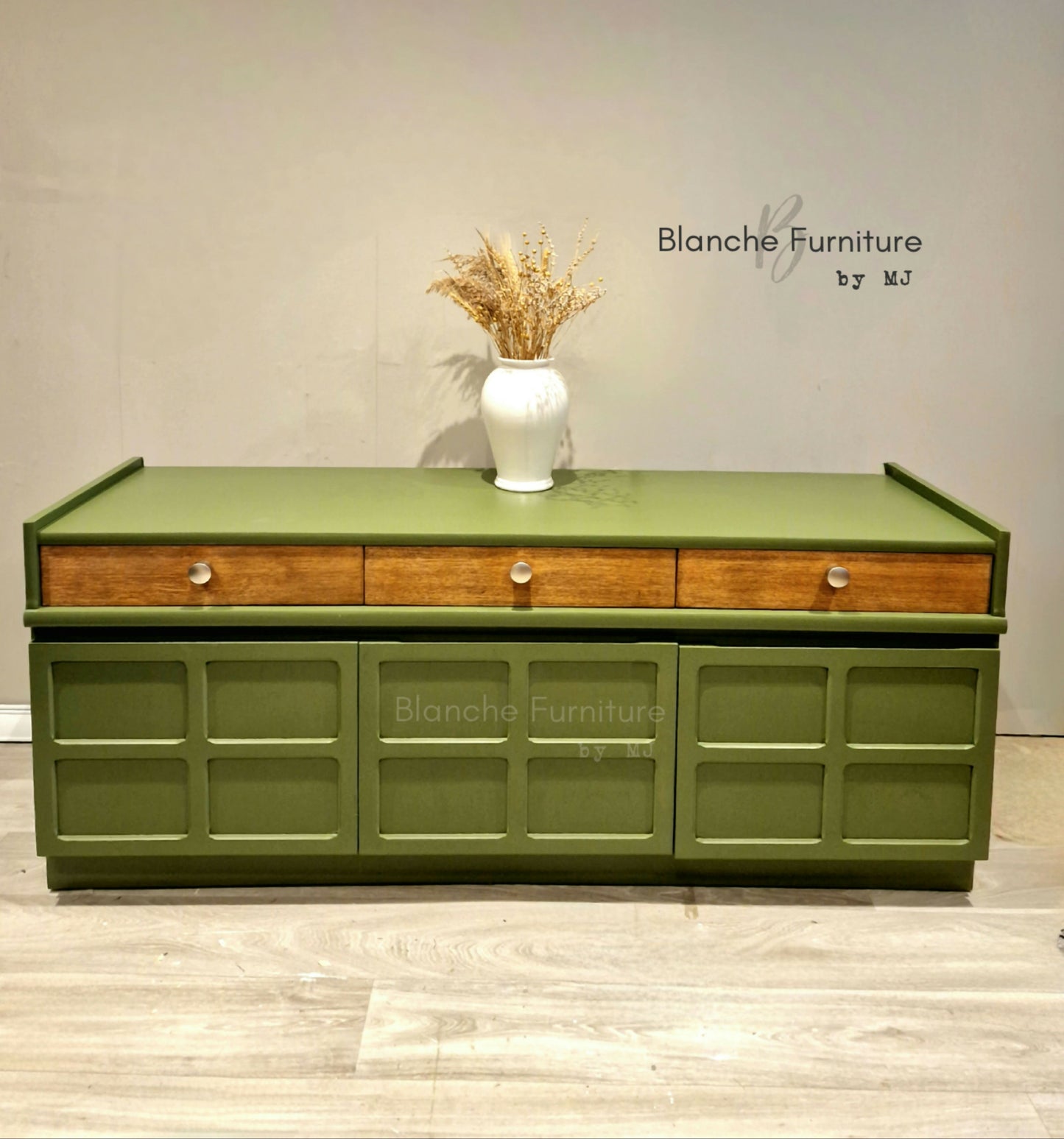 Large Olive Green Nathan Sideboard with Square Brushed Steel Handles