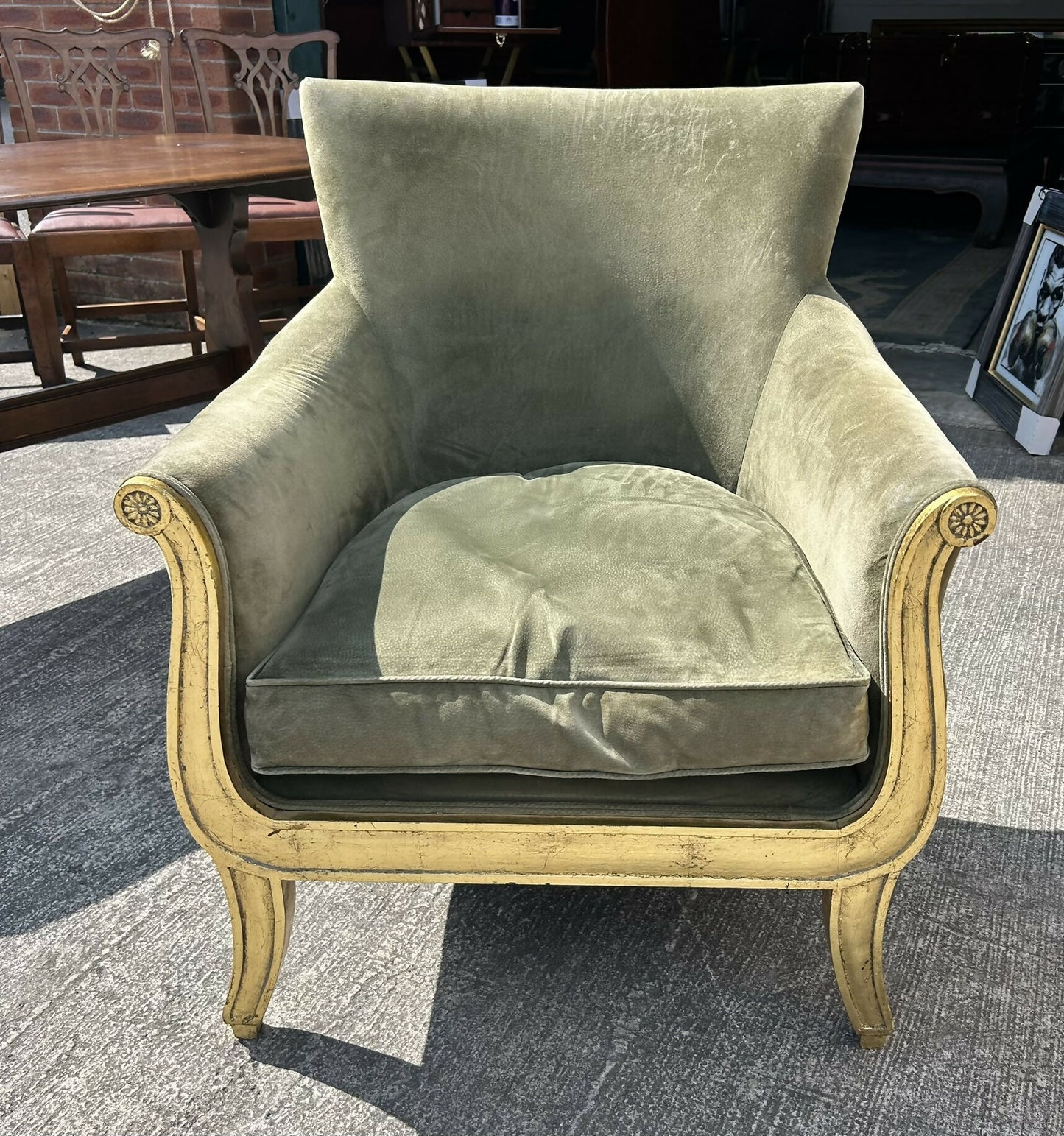 French Louis XVI Style Neoclassical Suede Leather Armchair With Gold Gilt Frame