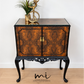 Refurbished Art Deco Burl Walnut Queen Anne Cocktail Cabinet in black and gold with cabriole legs, vintage drinks cabinet,