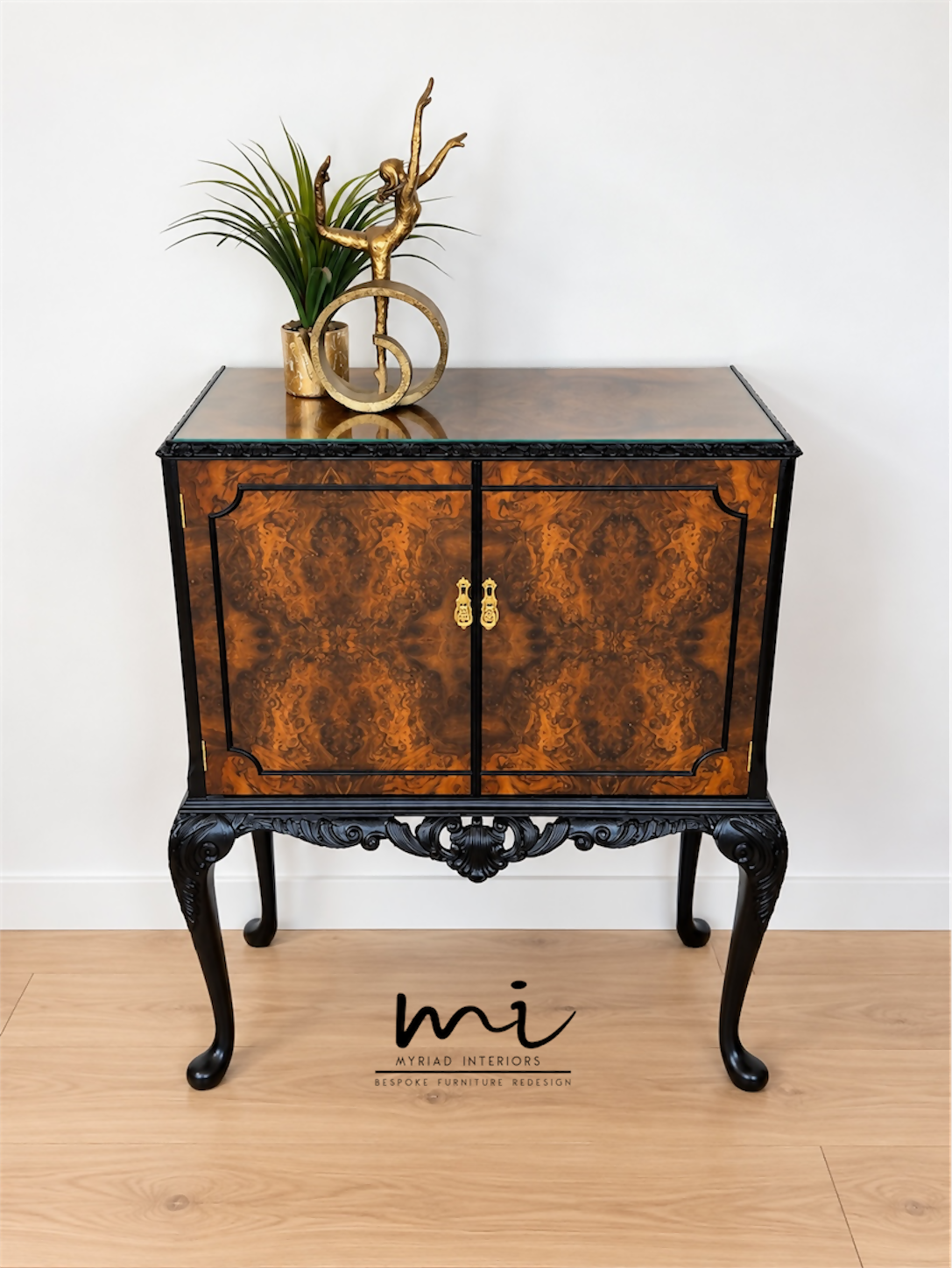 Refurbished Art Deco Burl Walnut Queen Anne Cocktail Cabinet in black and gold with cabriole legs, vintage drinks cabinet,