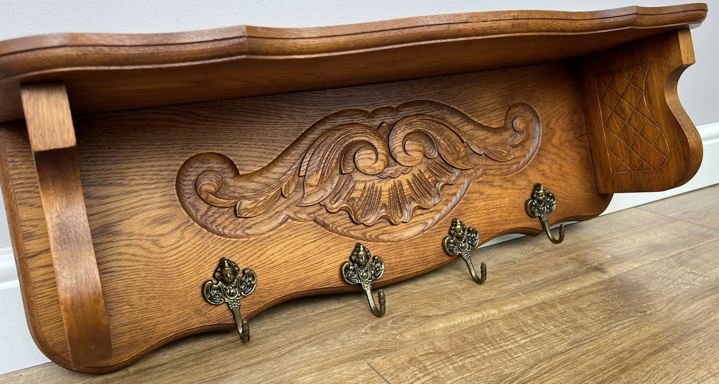 Coat Rack Vintage French Oak Wall Mounted 4 Hooks Carved Rack Hanger LOT 6293