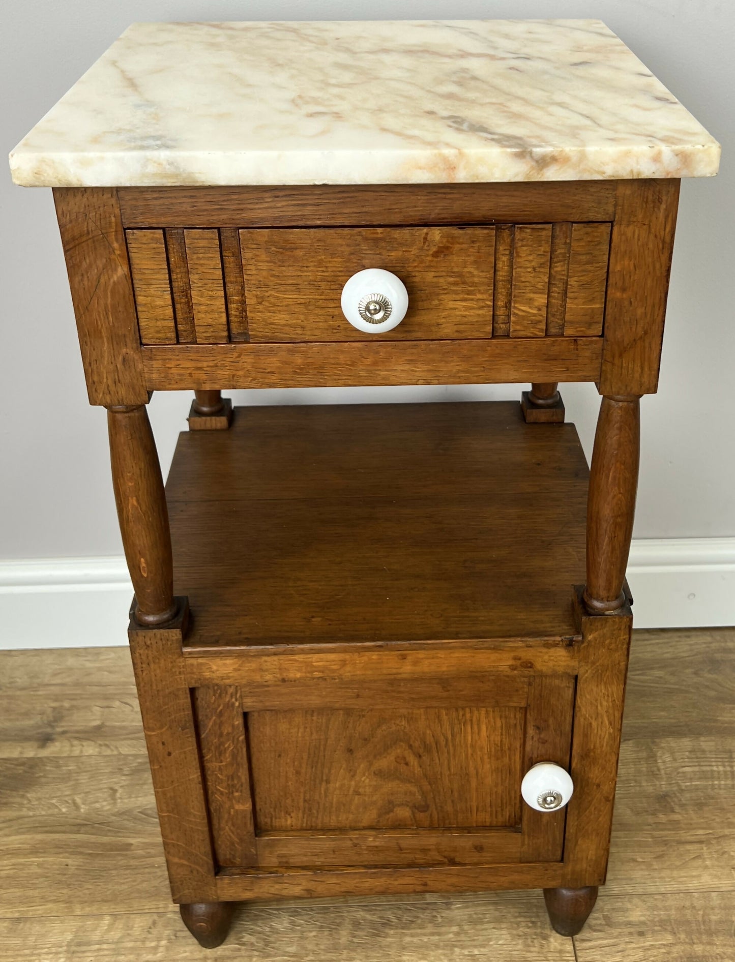 Pair of Bedside Tables Antique French Marble Top Oak Carved Cabinets LOT 6182
