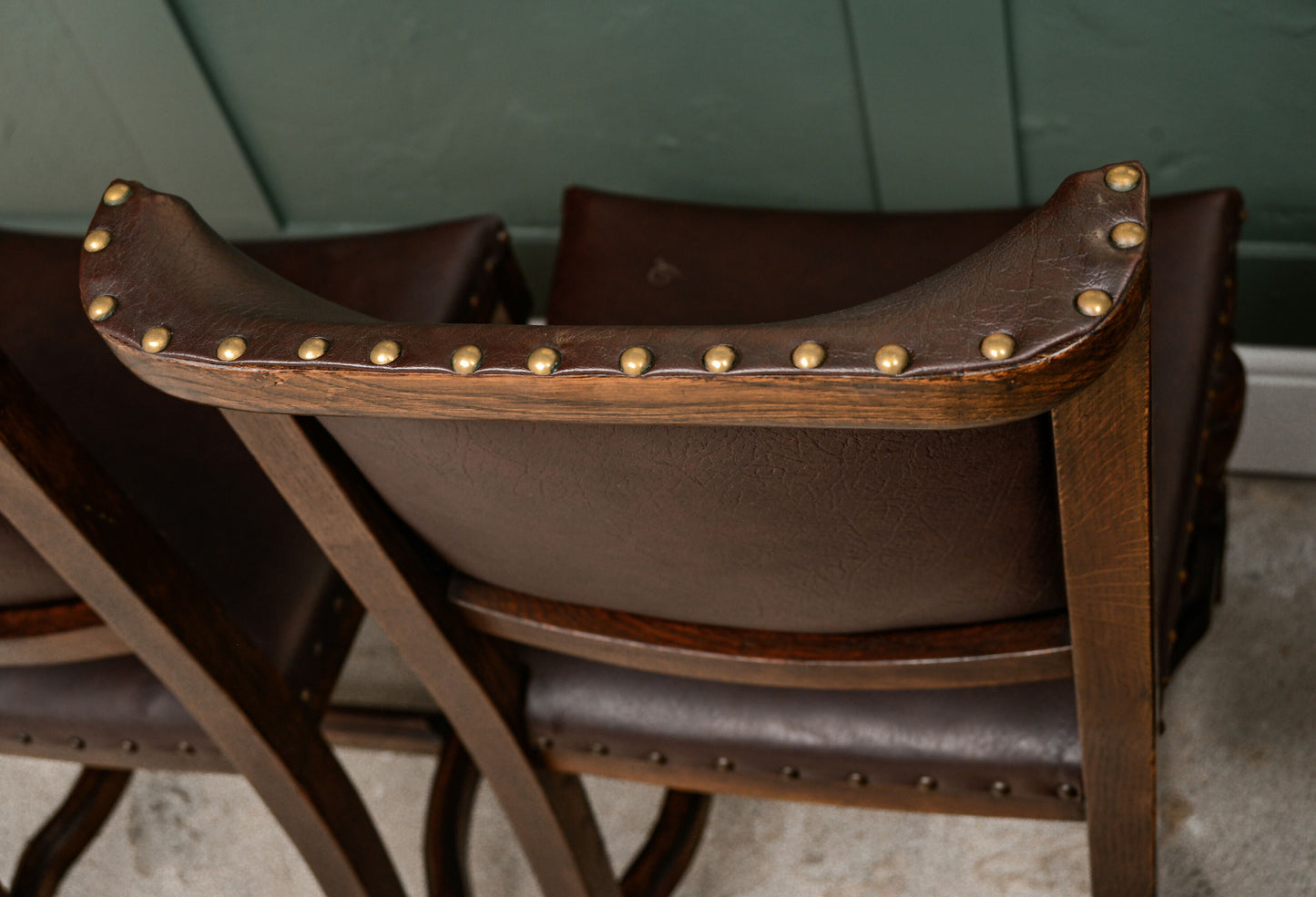 4 Oak Dining Chairs -Tudor Cromwellian Style - Burgundy Leatherette