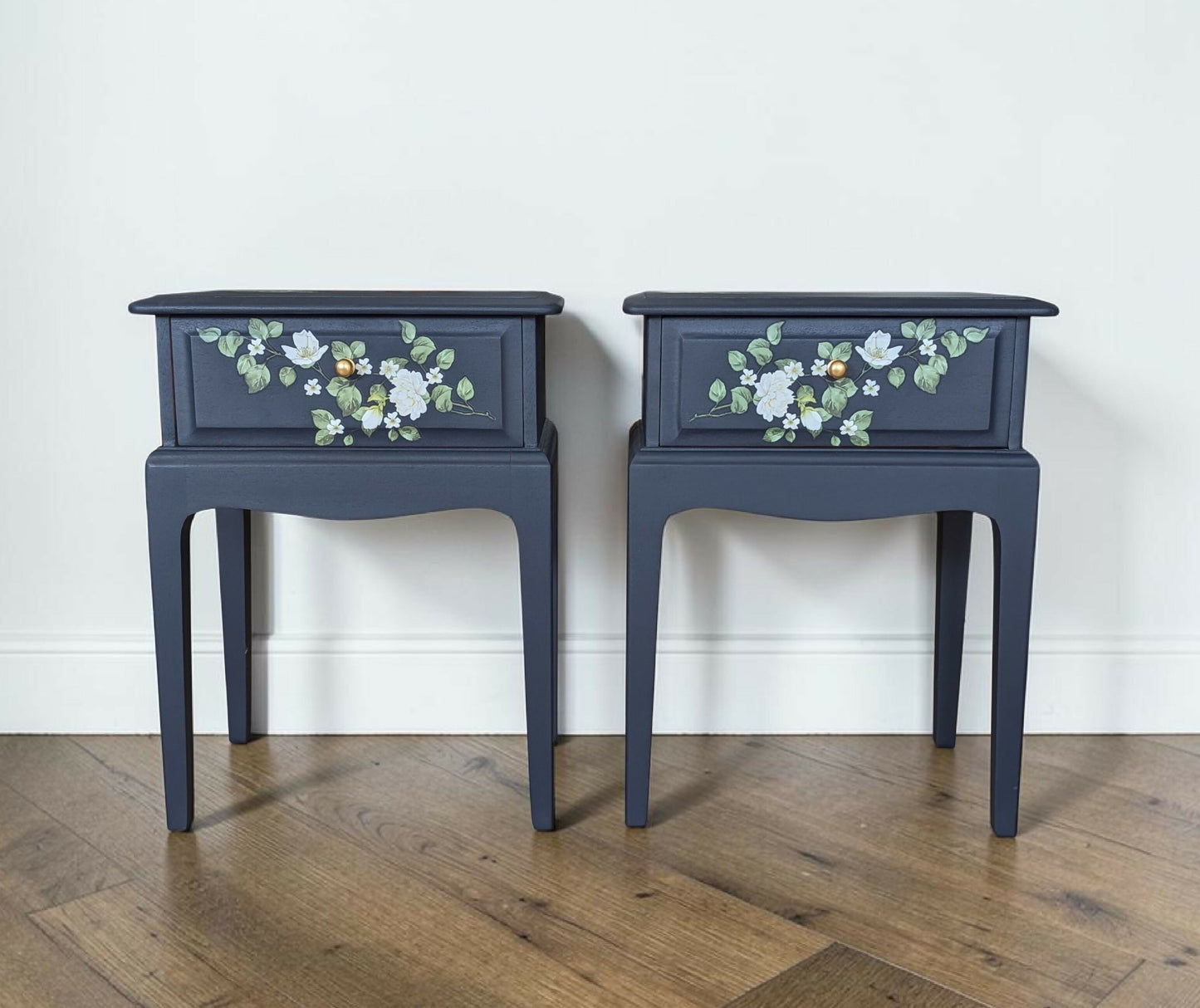 Vintage Stag minstrel navy blue bedside tables pair