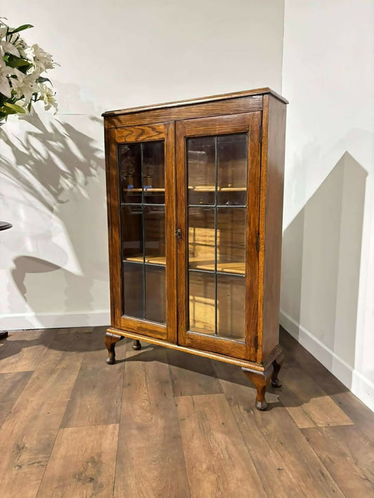 Vintage Oak Two Door Bookcase– Leaded Glass Doors