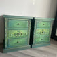 Vintage pine pair of bedside drawers, hand painted green and gold