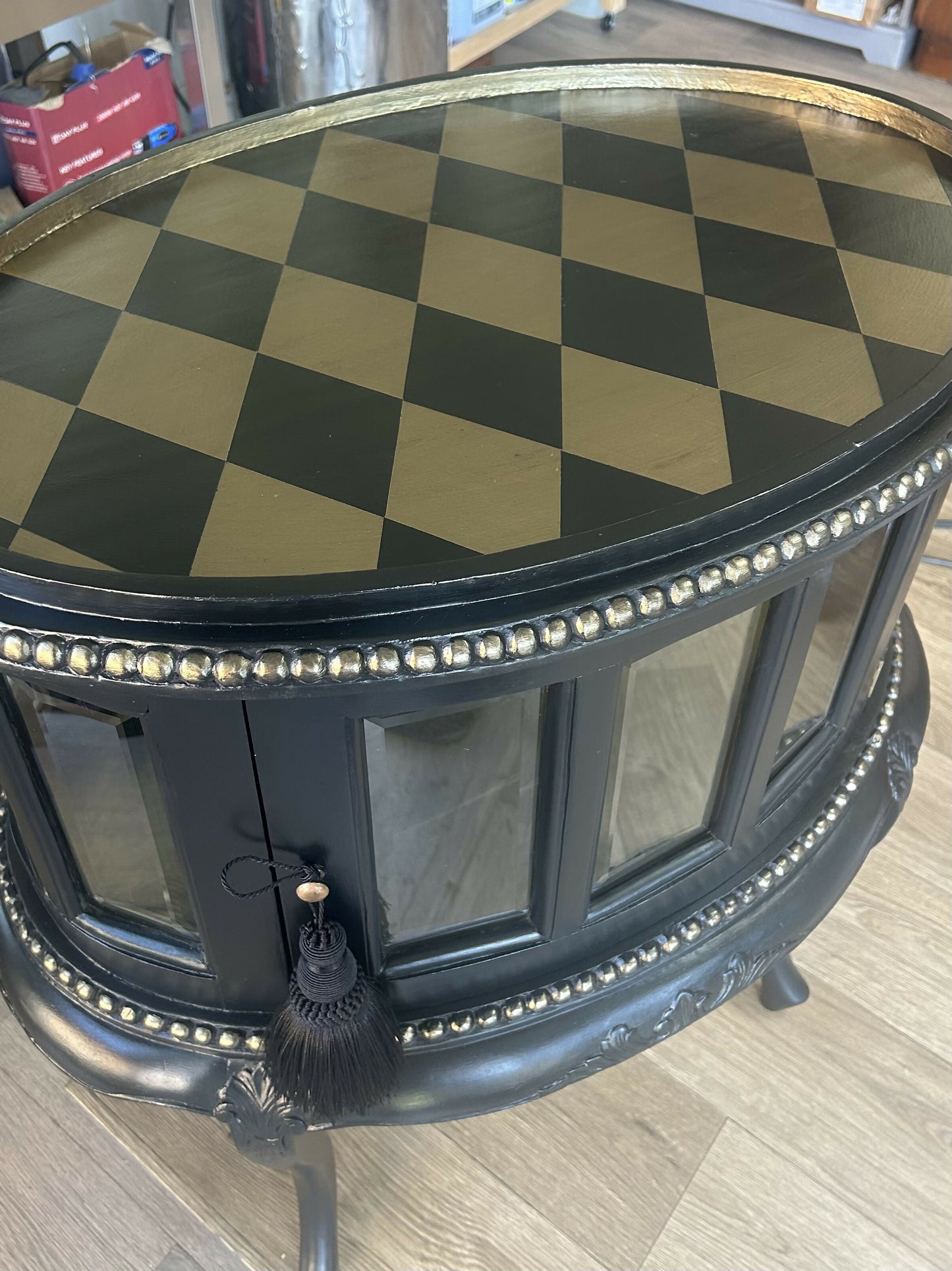 Drinks Cabinet. Handpainted, small oval glazed cabinet. Black/Gold