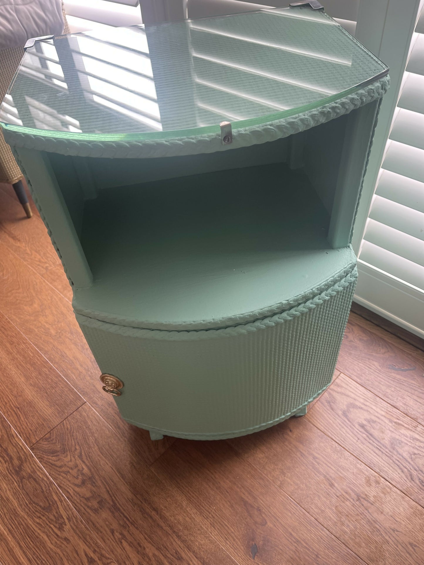 Occasional or bedside table. Green paint. Glass top.