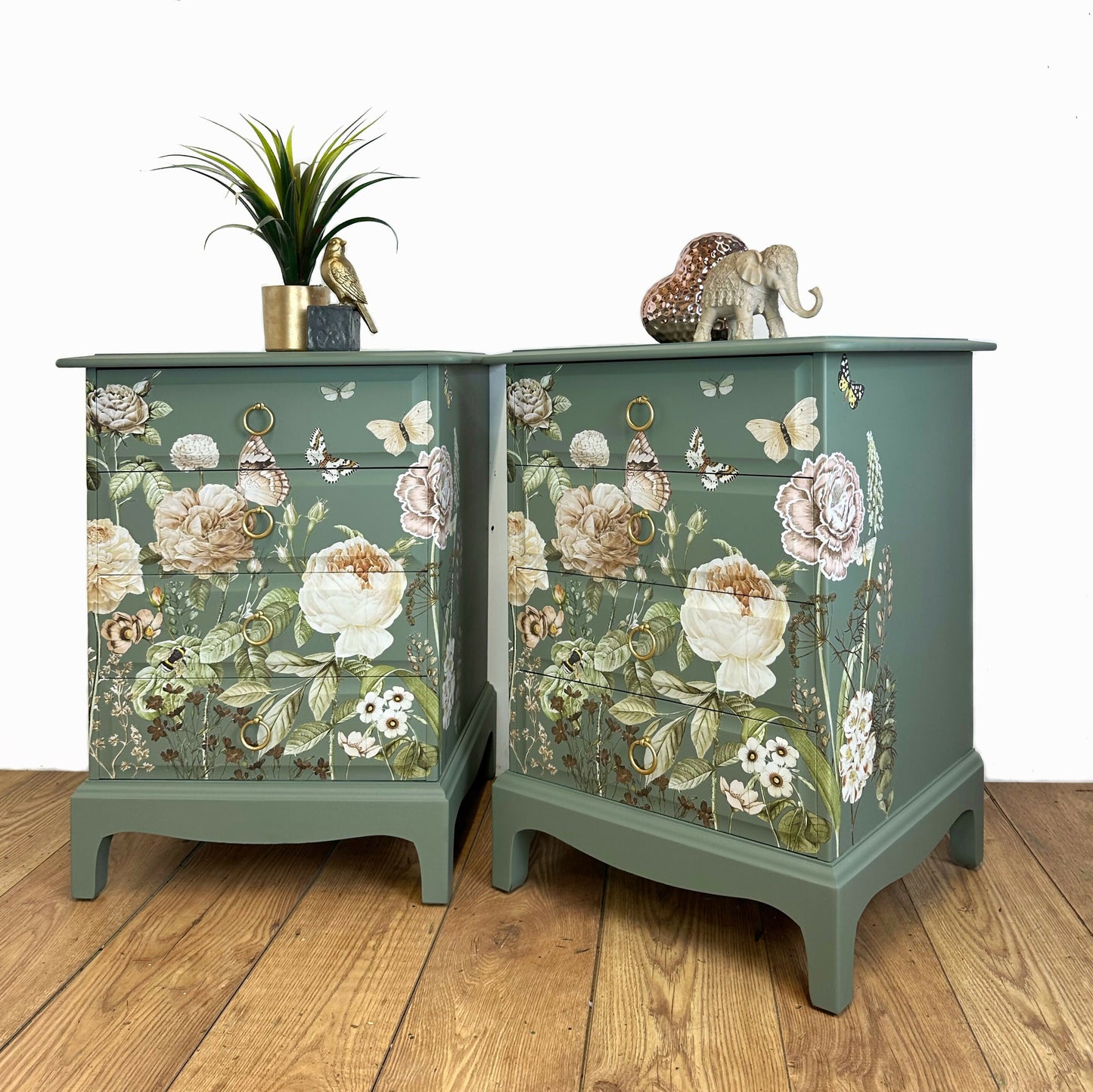 MADE TO ORDER Refurbished vintage Stag Minstrel bedside tables, dusky olive green with floral design, sage nightstands, chest of drawers Mid century