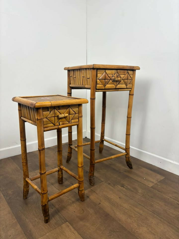 Pair of Vintage French Bamboo Side Tables with Hand-Painted Rose Detail
