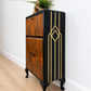 Art Deco Burl Walnut Petit Cocktail Cabinet, Black and Gold, Vintage Drinks Cabinet