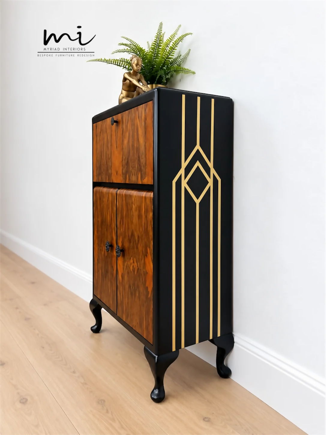 Art Deco Burl Walnut Petit Cocktail Cabinet, Black and Gold, Vintage Drinks Cabinet