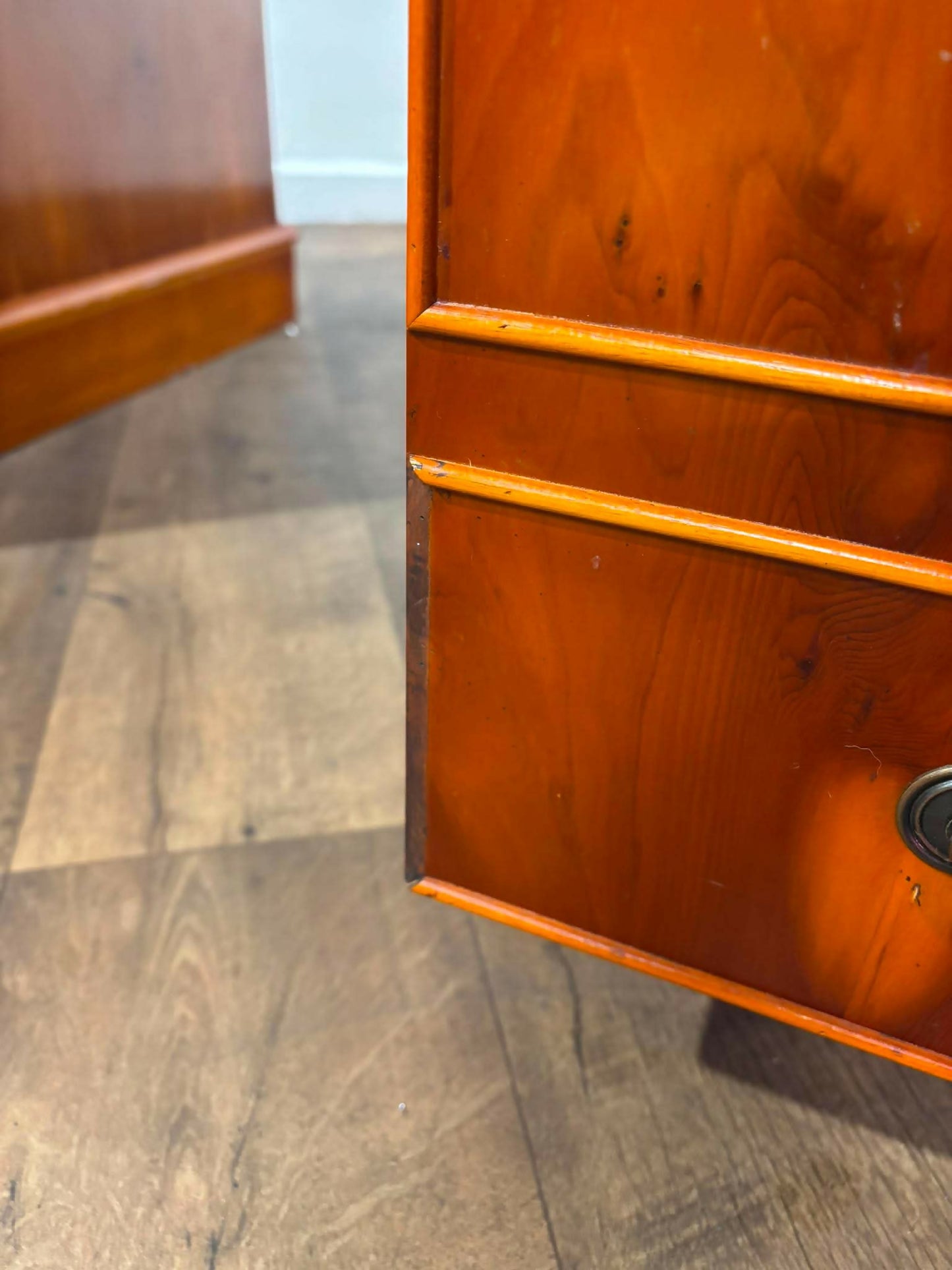 Reproduction Yew Wood Pedestal Desk with Brown Leather Inset