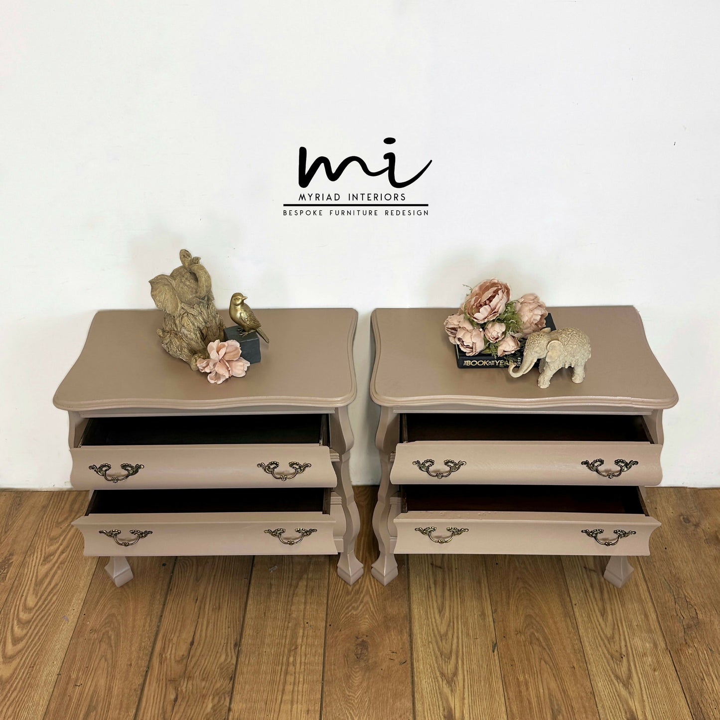 Neutral vintage Bombe Bedside tables, nude nightstands, taupe, dusky pink, chest of drawers, French, chic, oak, serpentine, curvy, beige