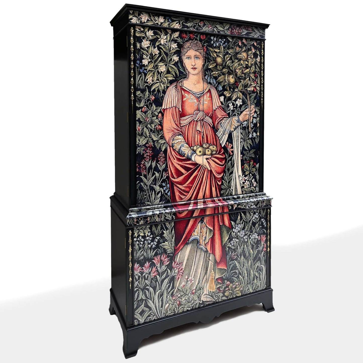 Antique cocktail cabinet painted black and decorated with William Morris tapestry print from angle