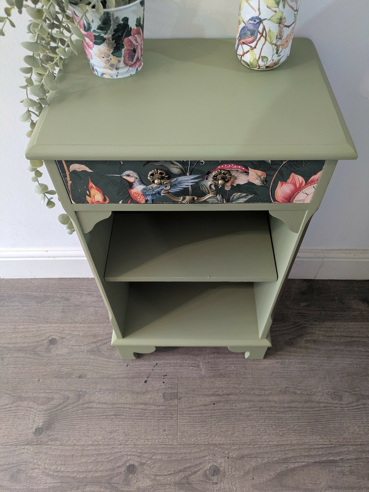 Sage Green Upcycled Cabinet – Whimsical Botanical Interior Bookcase//