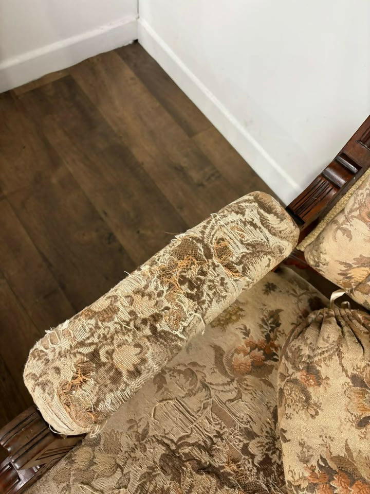 Pair of Victorian Carved Walnut Upholstered Library Armchairs