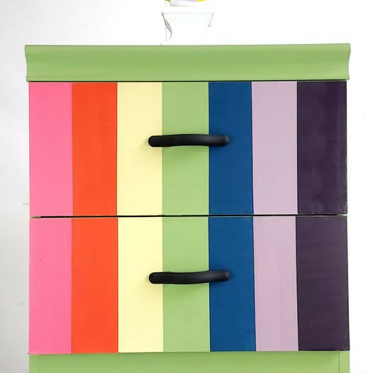 Multi Coloured Spectrum design two drawer chest with hairpin legs