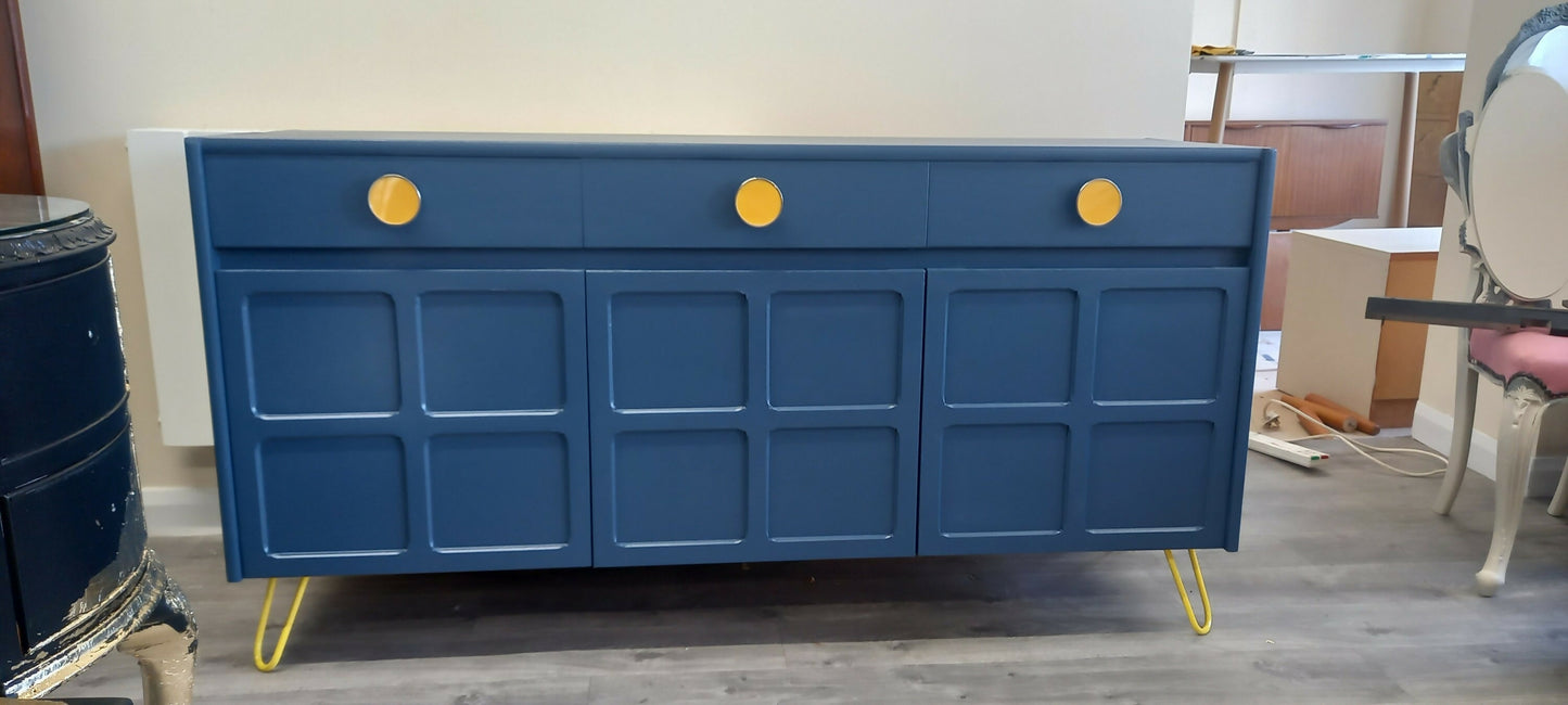 Midcentury Retro Nathan Squares Sideboard. Blue Yellow Painted Upcycled TV Cabinet Commission Piece