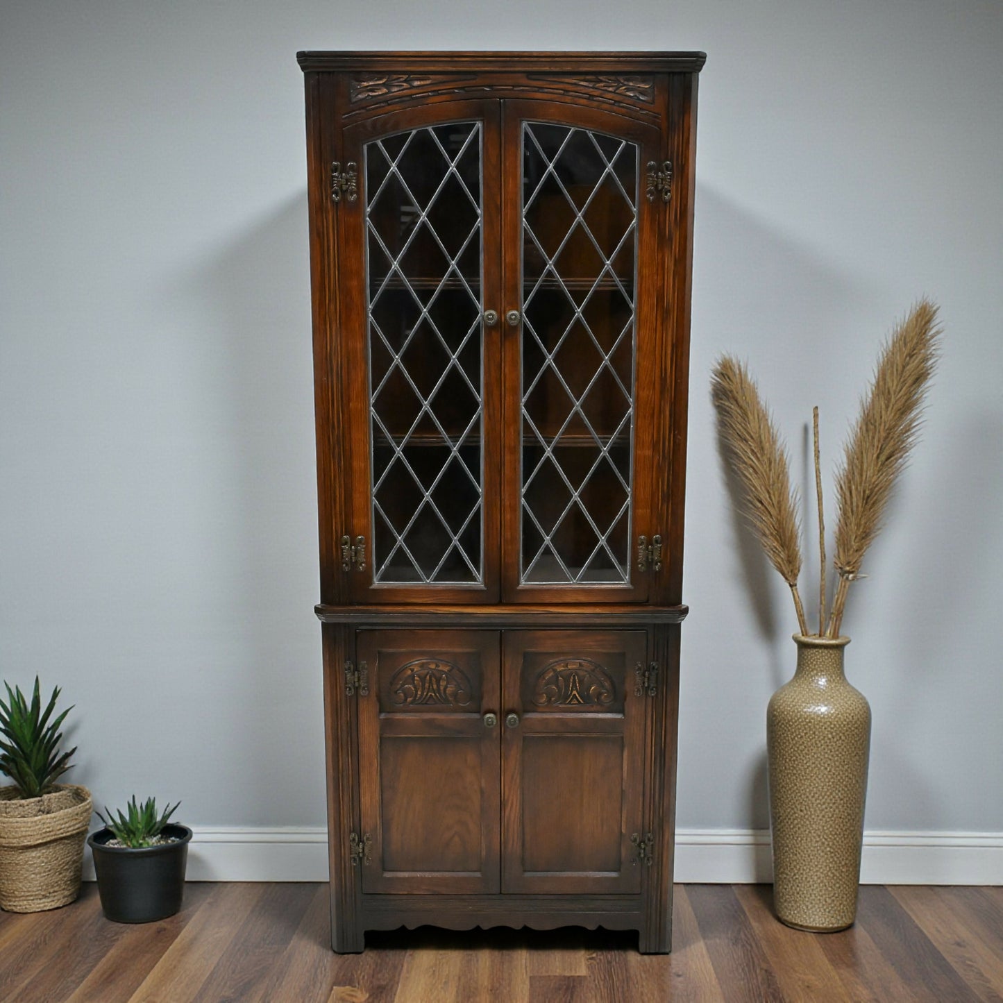 Old Charm Corner Display Cabinet Leaded Glass Doors Tudor Brown FREE UK Delivery