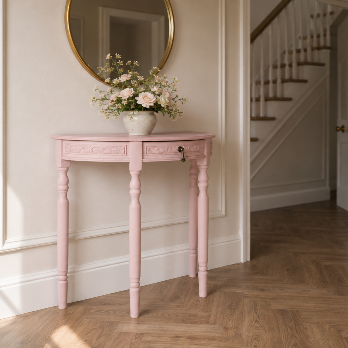Blush Pink Demi Lune Console Table | Vintage Upcycled Half Moon Hallway Table