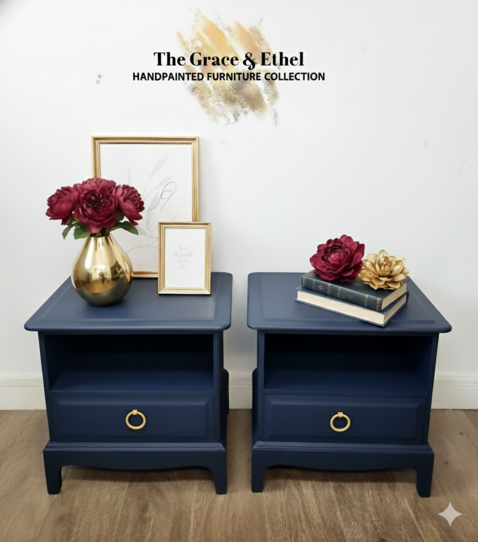 Stag cubby bedside cabinets in navy blue
