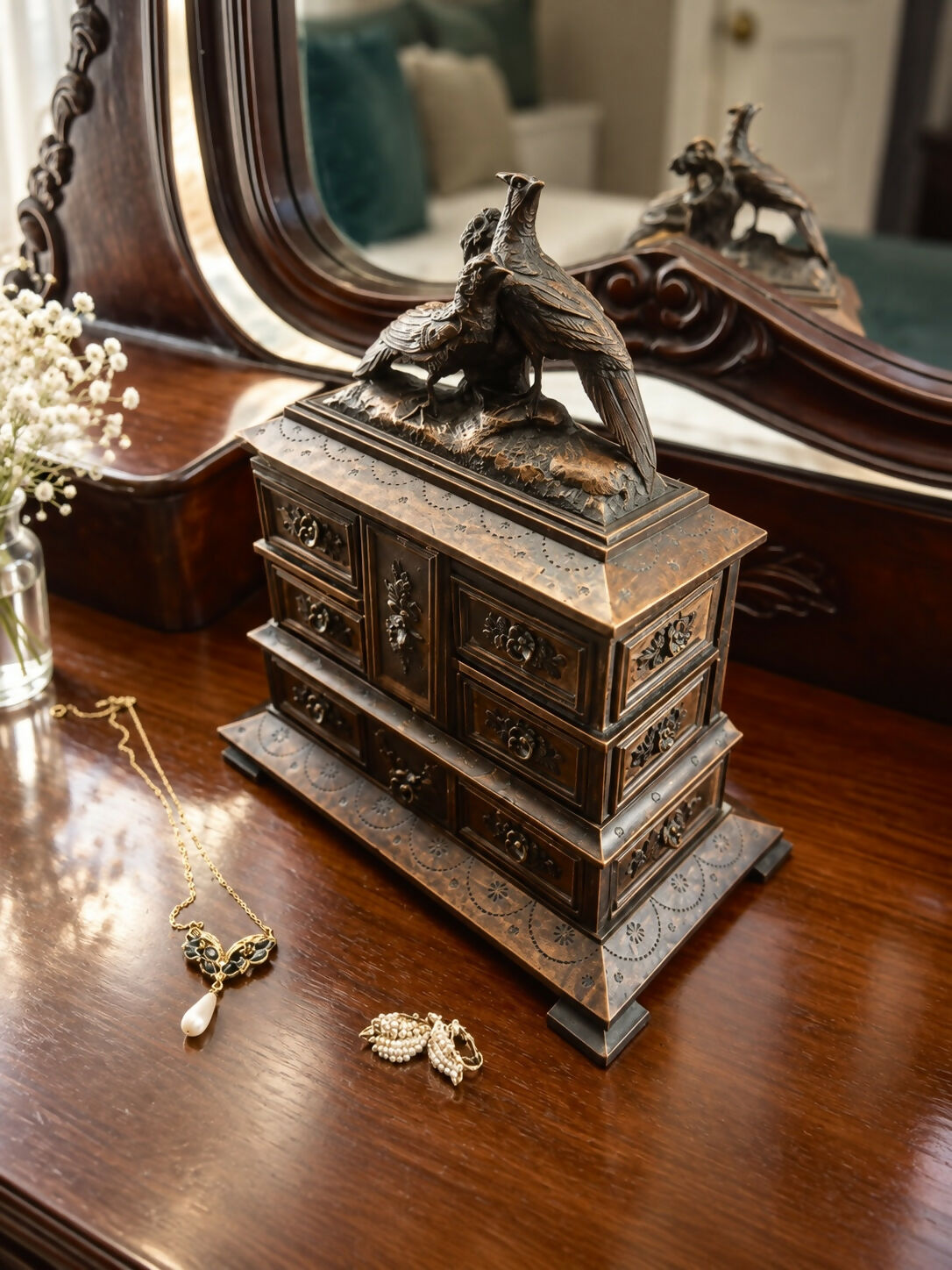 Rare Antique Black Forest Jewellery Trinket Keepsake Box With Carved Pheasants