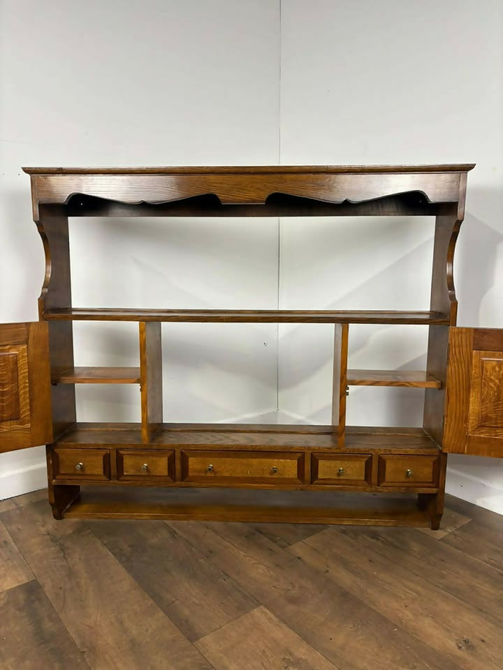 Vintage Oak & Mahogany Cross Banded Wall Shelves with Cupboards