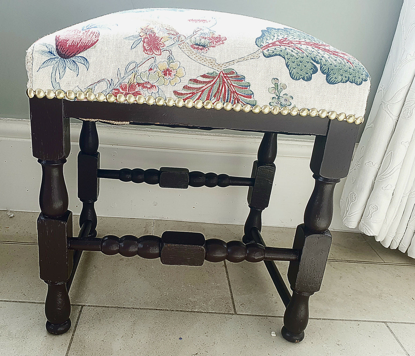 Footstool Vintage Oak Seat. Stool Restored Reupholstered in Linwood Linen