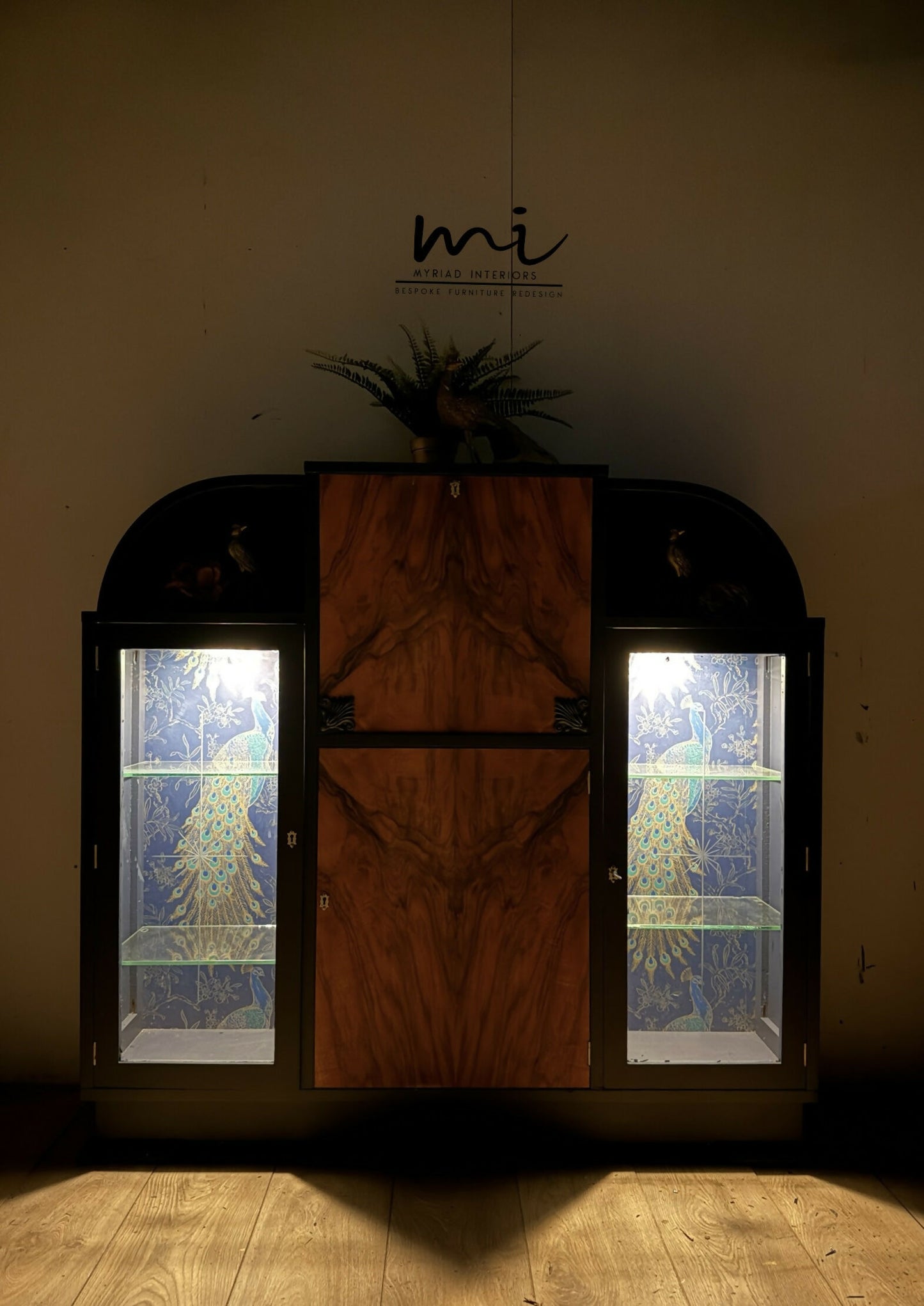 Art Deco refinished walnut cocktail cabinet, navy blue, champagne gold, vintage drinks cabinet, glass display cabinet, sideboard