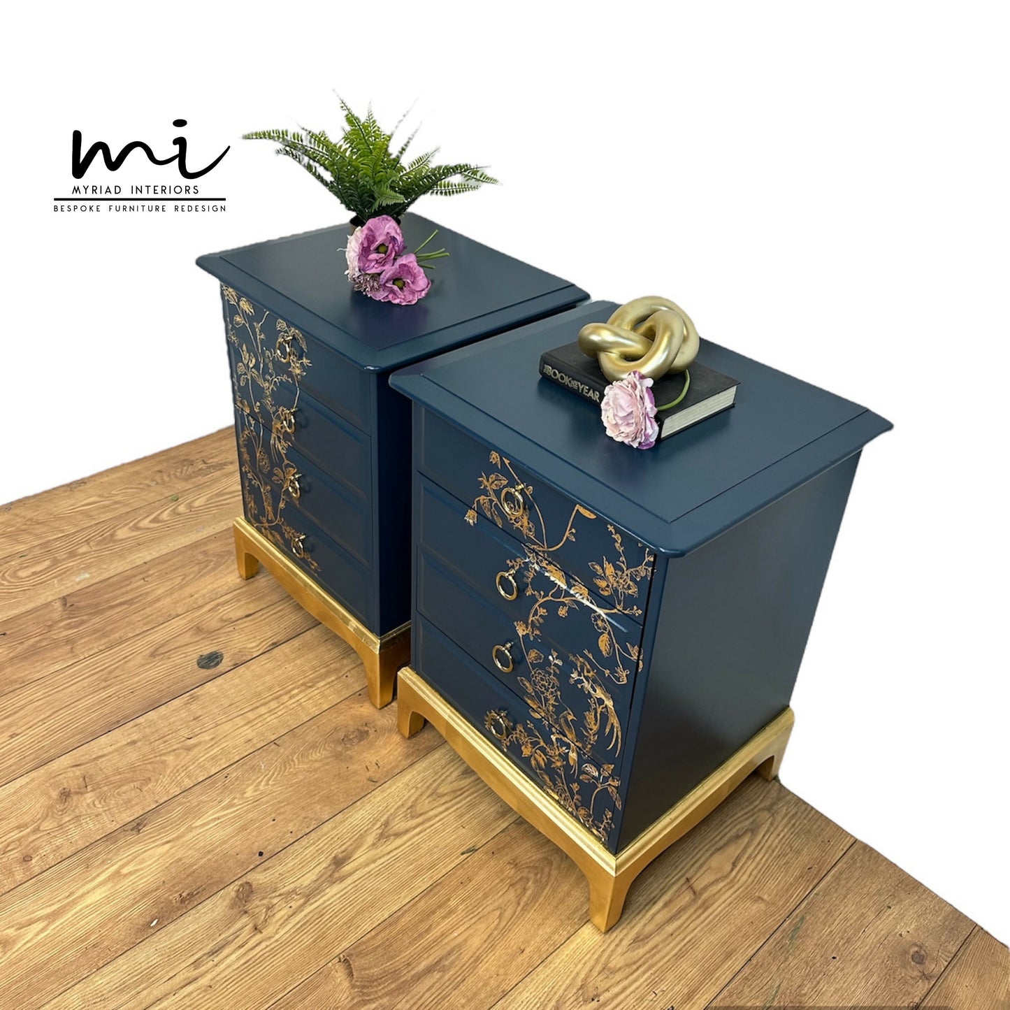 Pretty Refurbished Stag Minstrel 4 drawer bedside tables, navy blue with gold foil design, bird song, nightstands, vintage, blossom art deco