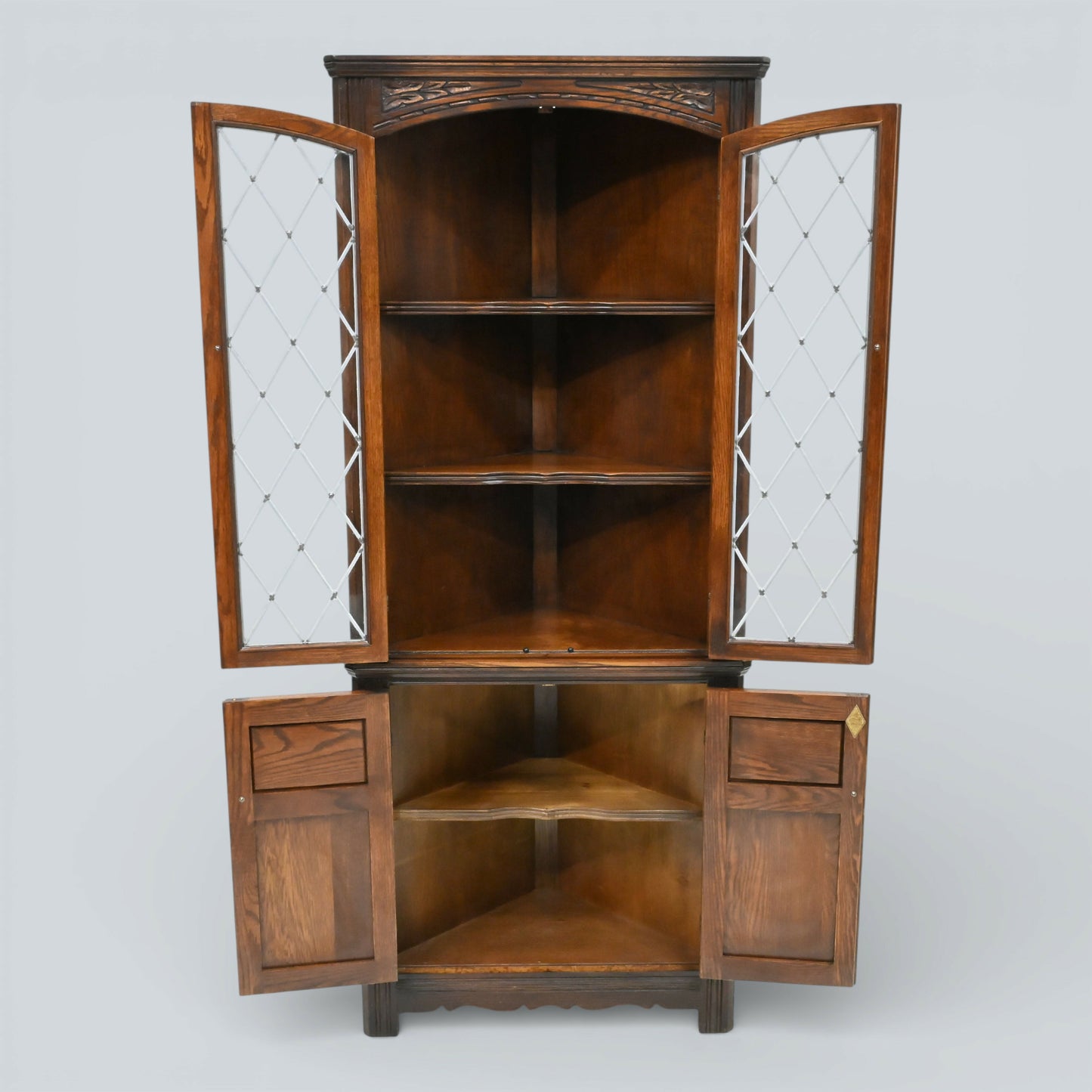 Old Charm Corner Display Cabinet Leaded Glass Doors Tudor Brown FREE UK Delivery