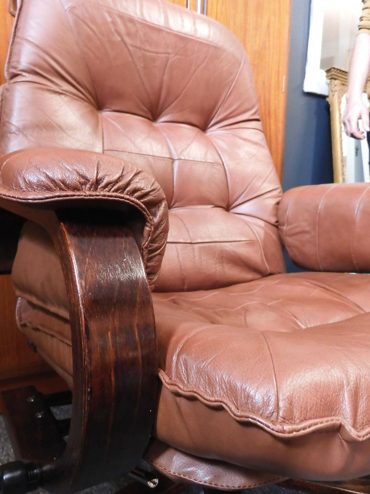Vintage Recliner Armchair And Ottoman In Teak And Leather – Denmark, 1960s/1970s